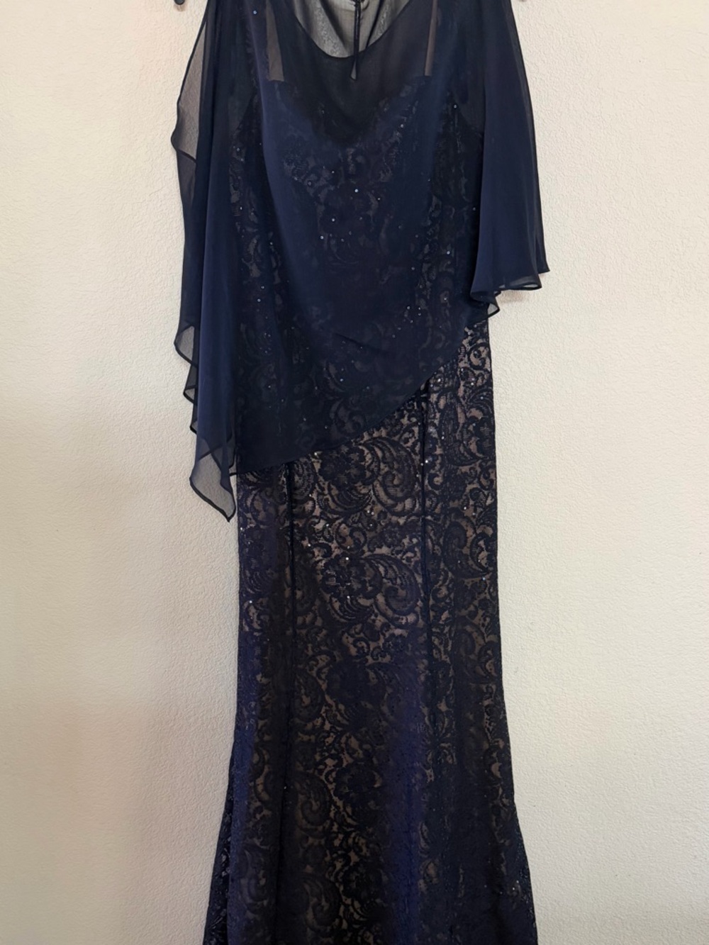 Elegant Navy Lace Maxi Dress with Sheer Capelet Overlay